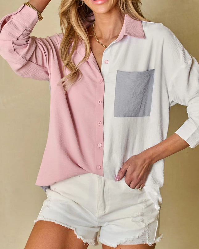 Color Block Oversized Button-Up Shirt with Chest Pocket 