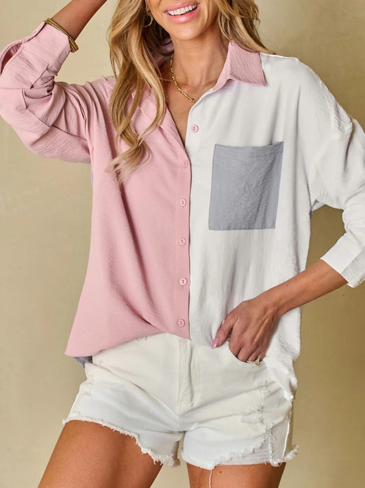 Color Block Oversized Button-Up Shirt with Chest Pocket 