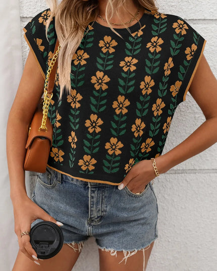 Flower Round Neck Short Sleeve Knit Top