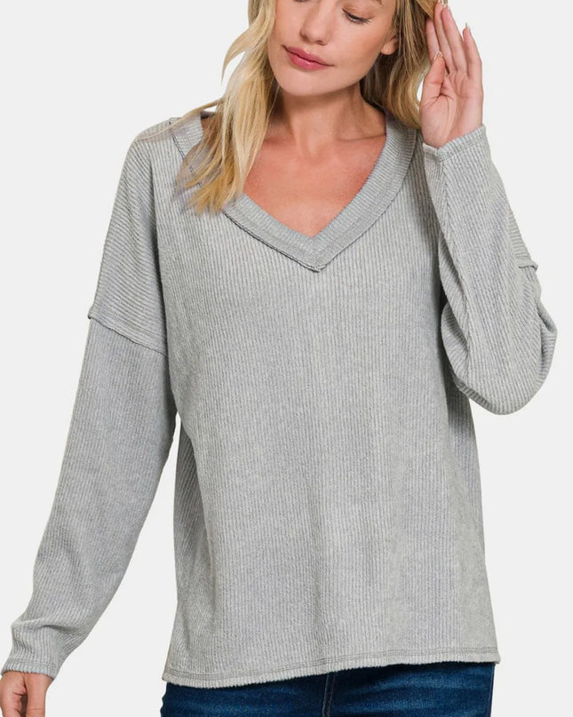 Zenana Full Size Ribbed V-Neck Drop Shoulder Top Sleet