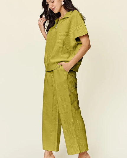 Double Take Full Size Texture Half Zip Short Sleeve Top and Pants Set