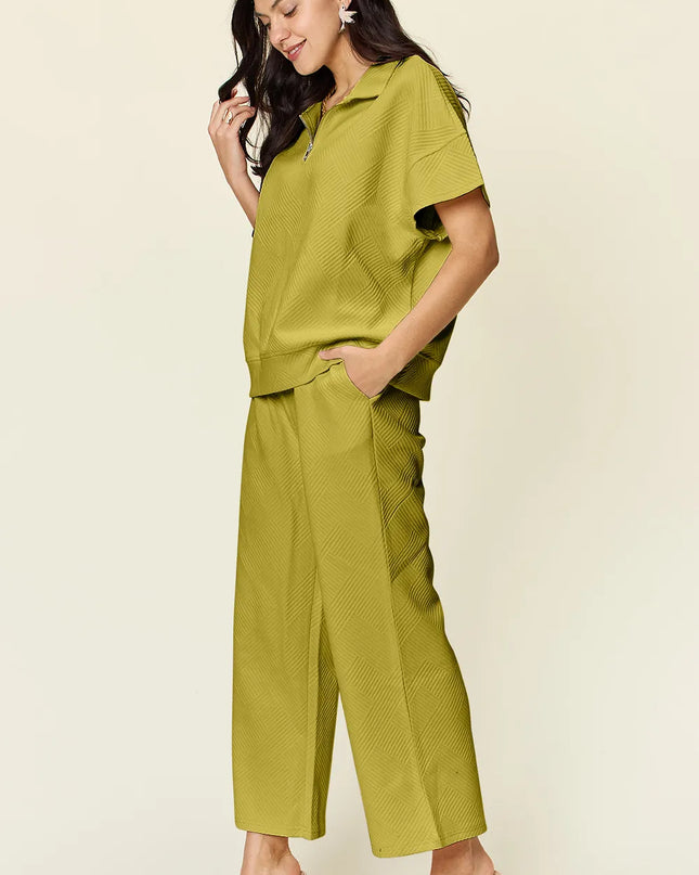 Double Take Full Size Texture Half Zip Short Sleeve Top and Pants Set