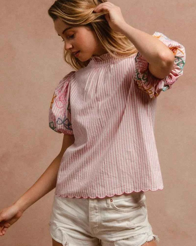 BiBi Embroidery Bubble Sleeve Top With Bottom Scallop Detail