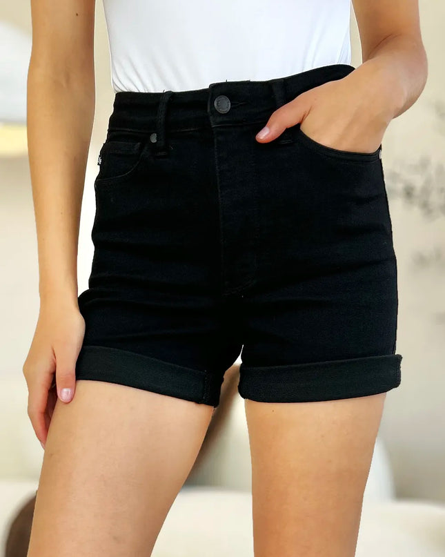 Judy Blue Full Size High Waist Tummy Control Cuffed Denim Shorts Black