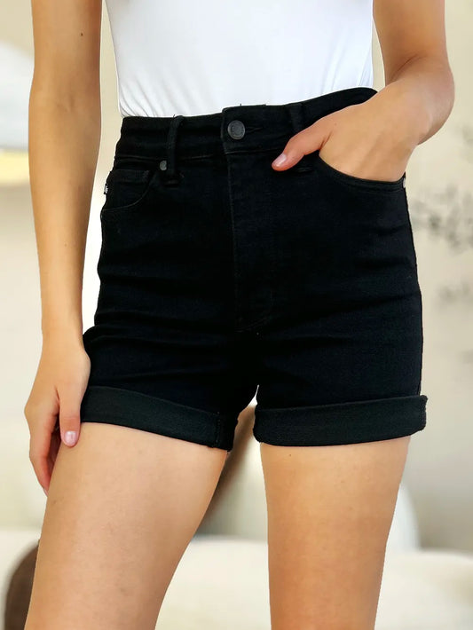Judy Blue Full Size High Waist Tummy Control Cuffed Denim Shorts Black