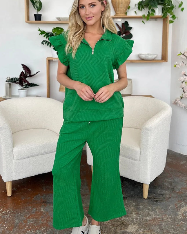 Double Take Texture Ruffle Short Sleeve Top and Drawstring Wide Leg Pants Set