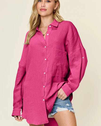 Double Take Full Size Pocketed Texture Button Up Shirt Hot Pink