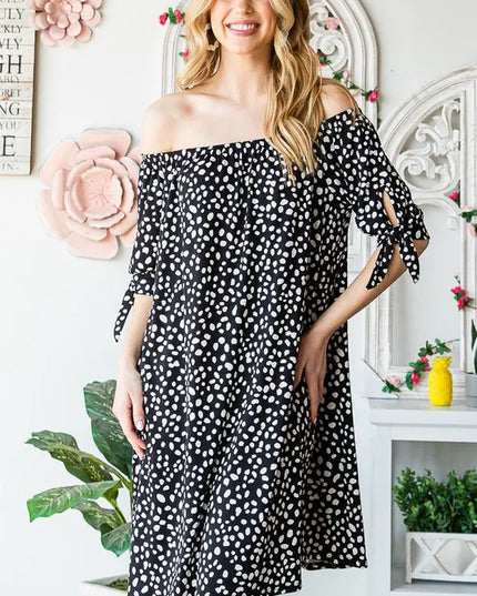 Heimish Full Size Short Sleeve Off Shoulder Animal Mini Dress Plus Size