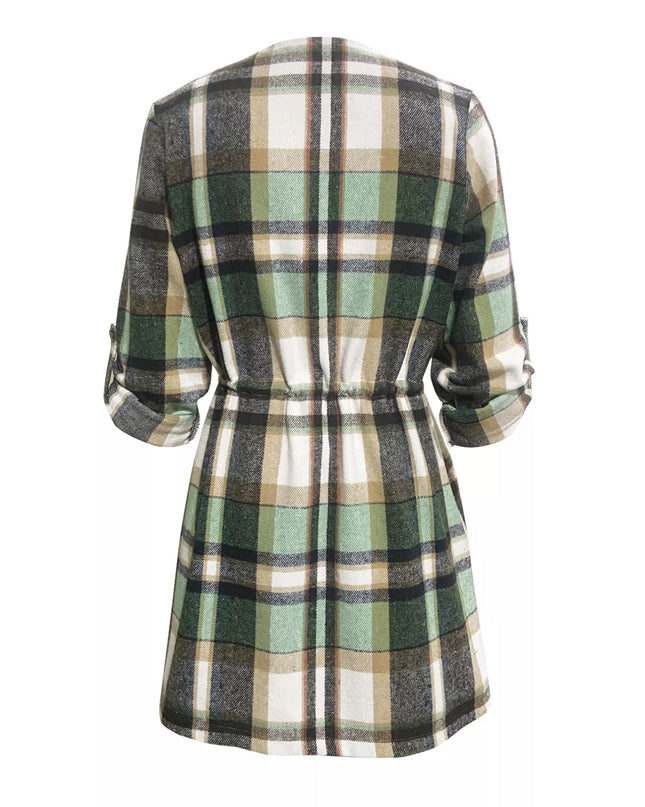Oversized Drawstring Plaid Button Front Shirt