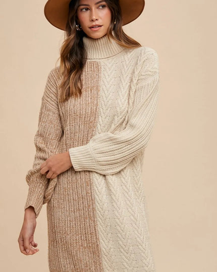 Annie Wear Color Block Turtleneck Sweater Dress Taupe