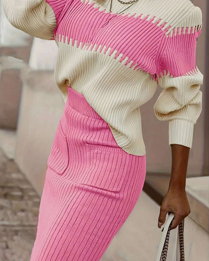 Two-Tone Ribbed Knit Top and Skirt Sweater Set