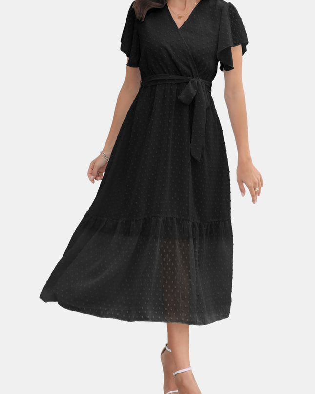 Surplice Neck Flutter Sleeve Tied Dress Black