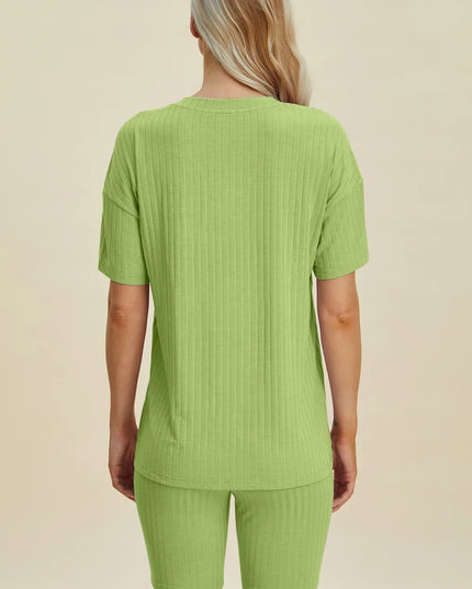 Basic Bae Full Size Ribbed V-Neck Short Sleeve Top and Shorts Set