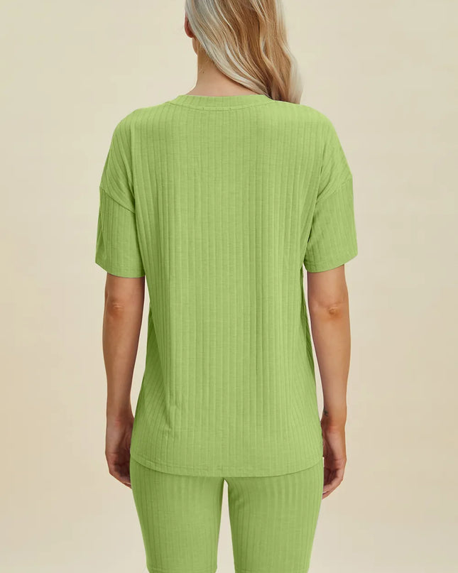 Basic Bae Full Size Ribbed V-Neck Short Sleeve Top and Shorts Set