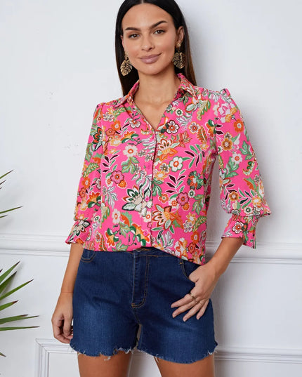 Floral Button Up Flounce Sleeve Shirt Deep Red