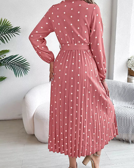 Front Tie Polka Dot Midi Pleated Dress