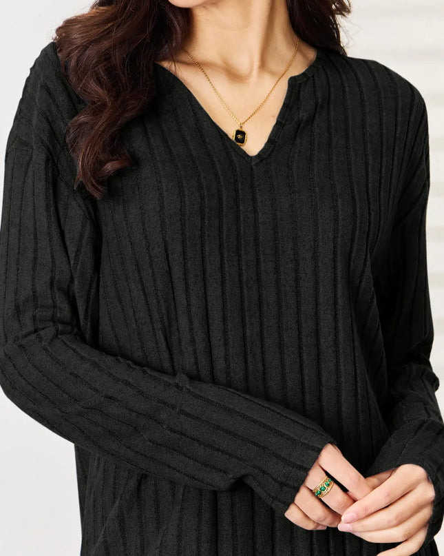 Basic Bae Full Size Notched Long Sleeve Top and Pants Set