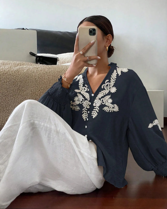 Embroidered Lantern Sleeve Blouse