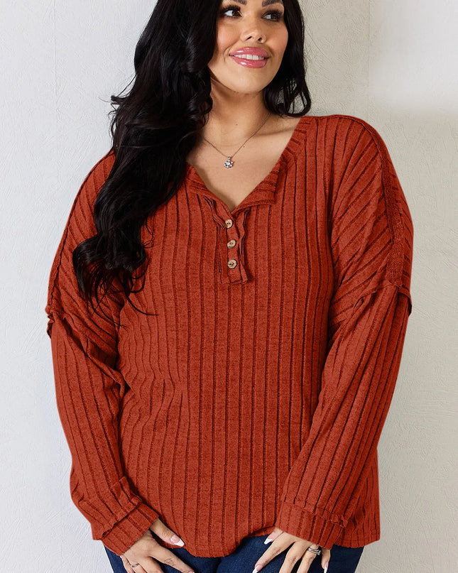 Basic Bae Full Size Ribbed Half Button Long Sleeve T-Shirt