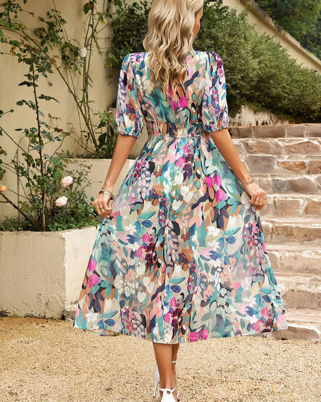 Printed Puff Sleeve Midi Dress 