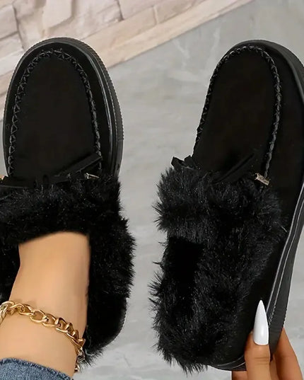 Bow Furry Round Toe Flat Slip-Ons Black