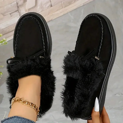 Bow Furry Round Toe Flat Slip-Ons Black