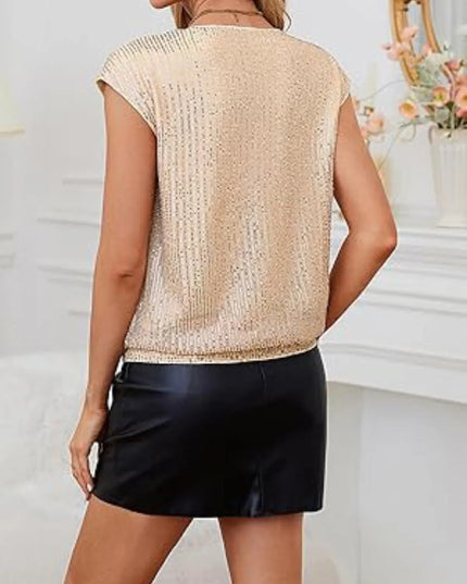 V-Neck Sequin Cap Sleeve Top