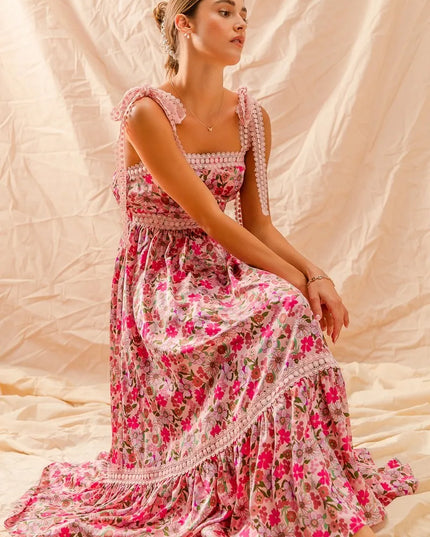 SO ME Floral Maxi Dress With Ribbon Tie Lace Strap