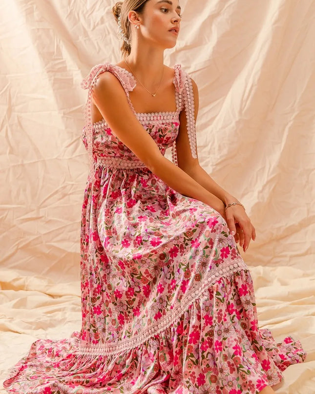 SO ME Floral Maxi Dress With Ribbon Tie Lace Strap