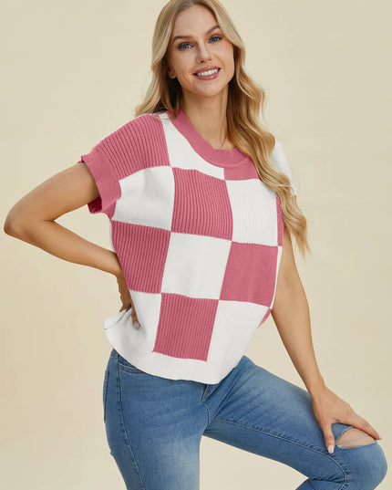 Double Take Full Size Checkered Round Neck Short Sleeve Sweater