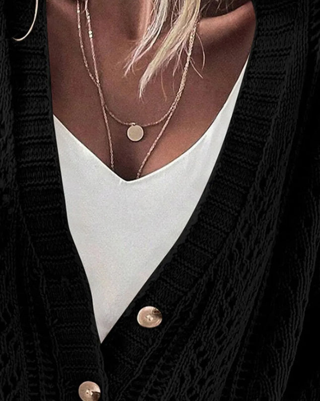 Openwork Button Up Long Sleeve Cardigan