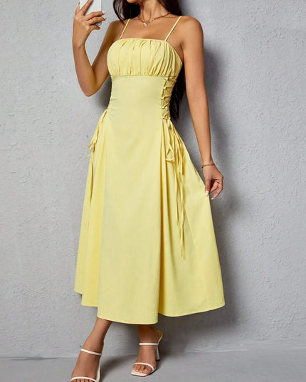 Ruched Midi Cami Dress with Side Tie Details Yellow