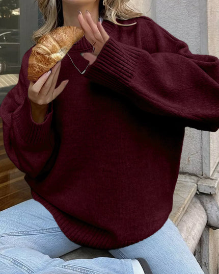 Ribbed Round Neck Dropped Shoulder Sweater Burgundy