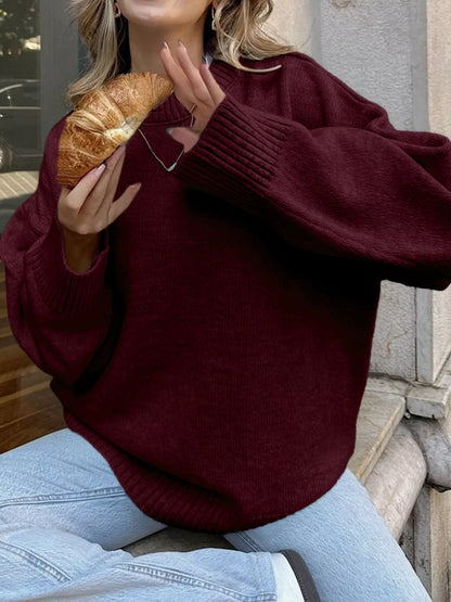 Ribbed Round Neck Dropped Shoulder Sweater Burgundy