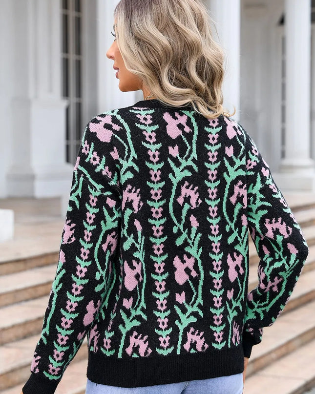 Angel Wings Flower Round Neck Long Sleeve Sweater