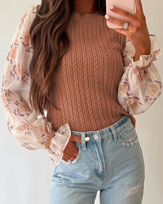 Cable Knit Round Neck Flounce Sleeve Sweater Camel