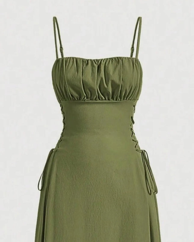 Ruched Midi Cami Dress with Side Tie Details