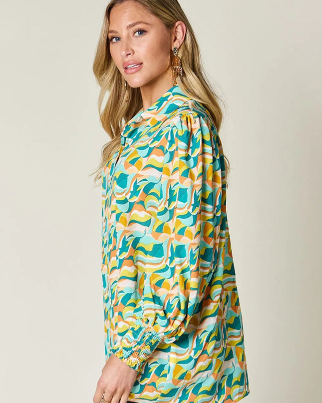 Double Take Full Size Printed Smocked Long Sleeve Blouse