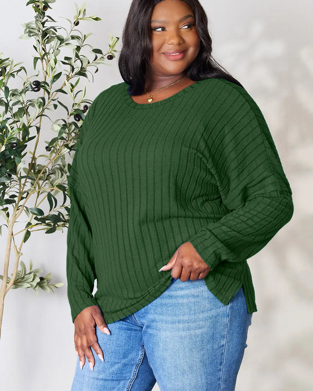 Basic Bae Full Size Ribbed Round Neck Slit Knit Top