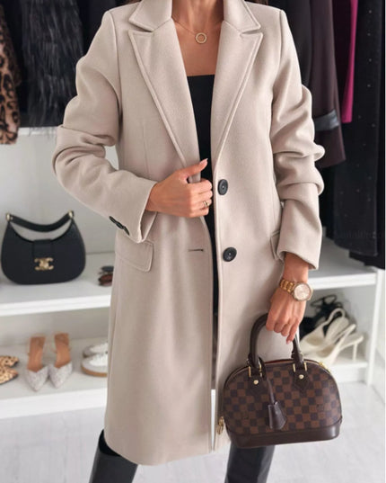 Lapel Collar Long Sleeve Coat Khaki