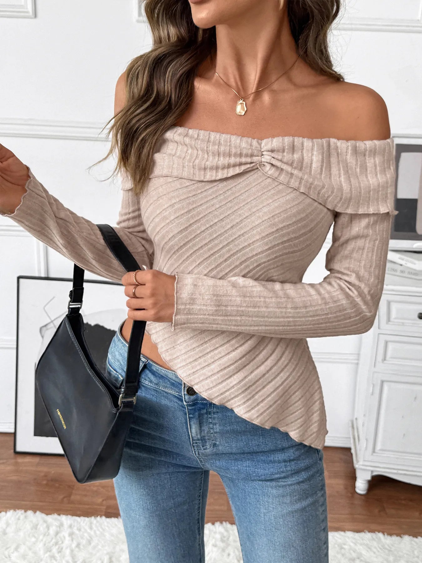 Asymmetrical Off-Shoulder Knit Top
