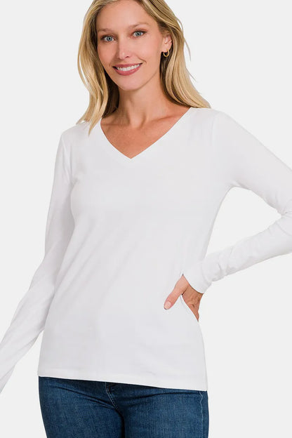 Zenana Full Size V-Neck Long Sleeve T-Shirt White