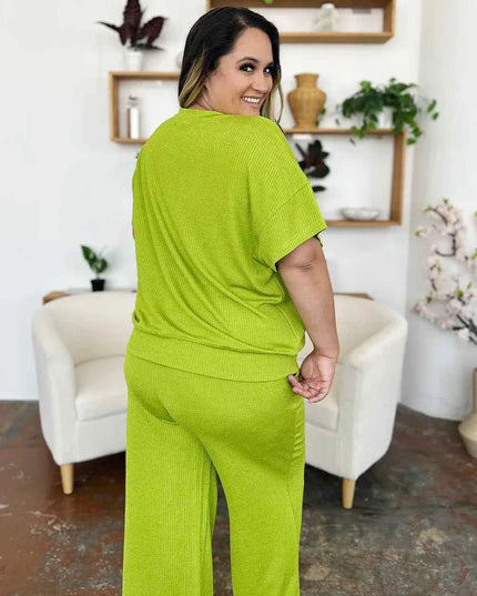 Double Take Full Size Texture Round Neck Short Sleeve T-Shirt and Wide Leg Pants