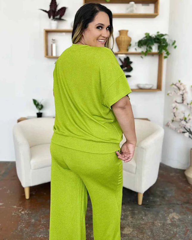 Double Take Full Size Texture Round Neck Short Sleeve T-Shirt and Wide Leg Pants