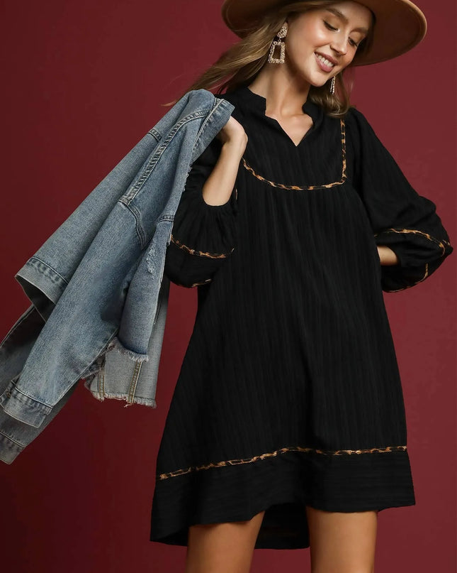 Umgee Full Size Textured Babydoll Dress with Leopard Trim Plus Size Black