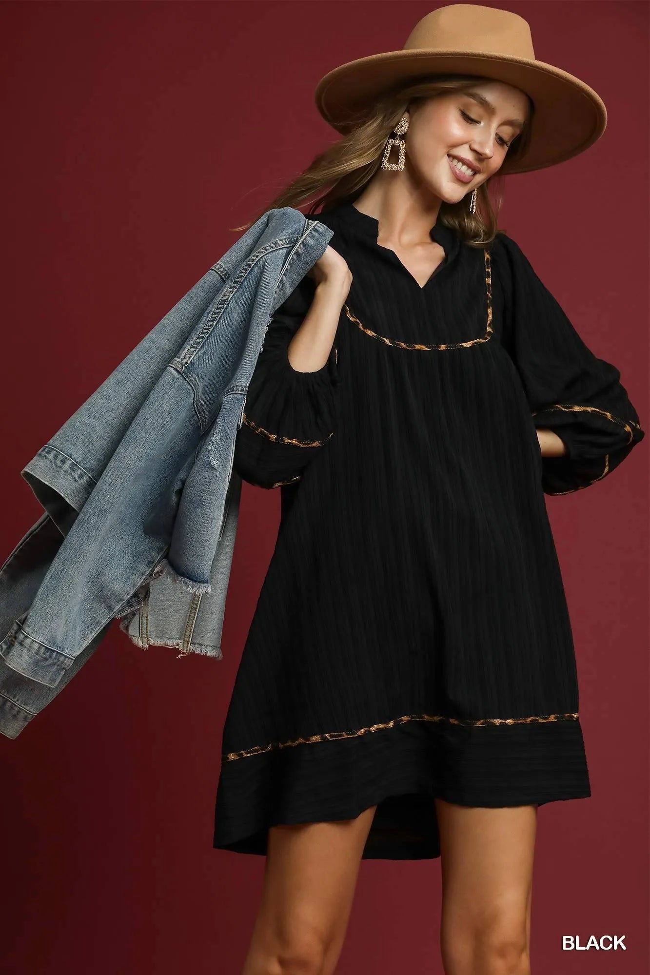 Umgee Full Size Textured Babydoll Dress with Leopard Trim Plus Size Black