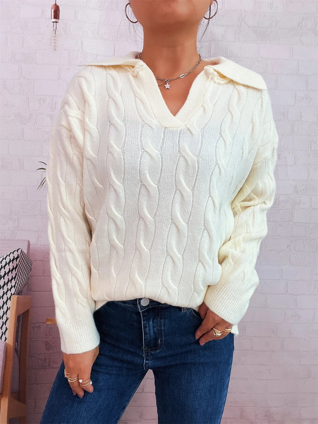 Cable Knit Johnny Collar Sweater