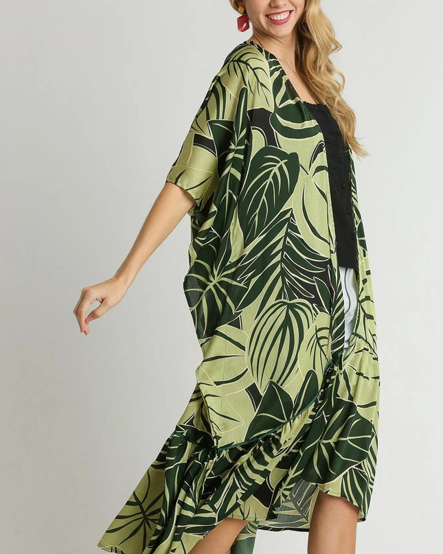 Umgee Satin Tropical Plant Print Open Front Kimono with Ruffle Details Green
