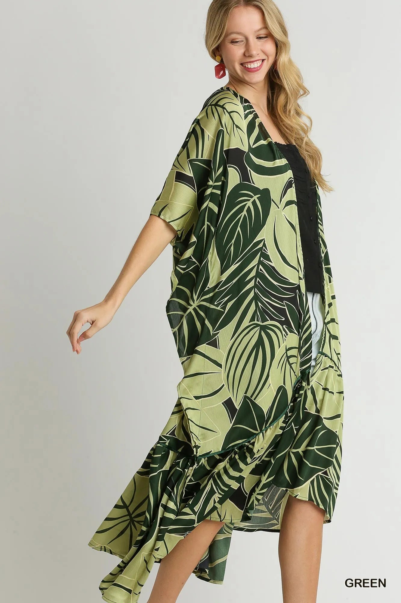 Umgee Satin Tropical Plant Print Open Front Kimono with Ruffle Details Green