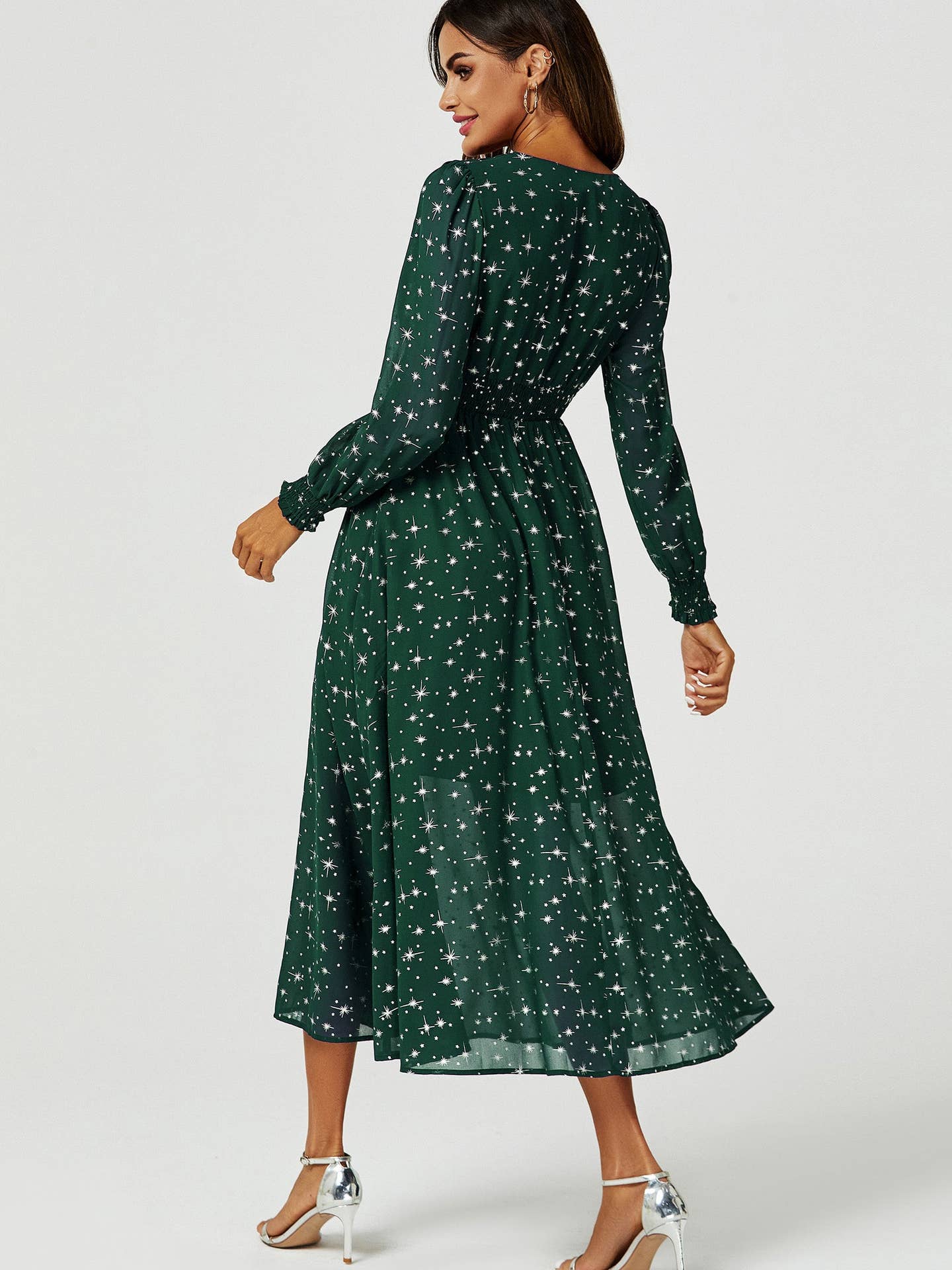 Silver Star Foil Long Sleeve Maxi Dress in Green